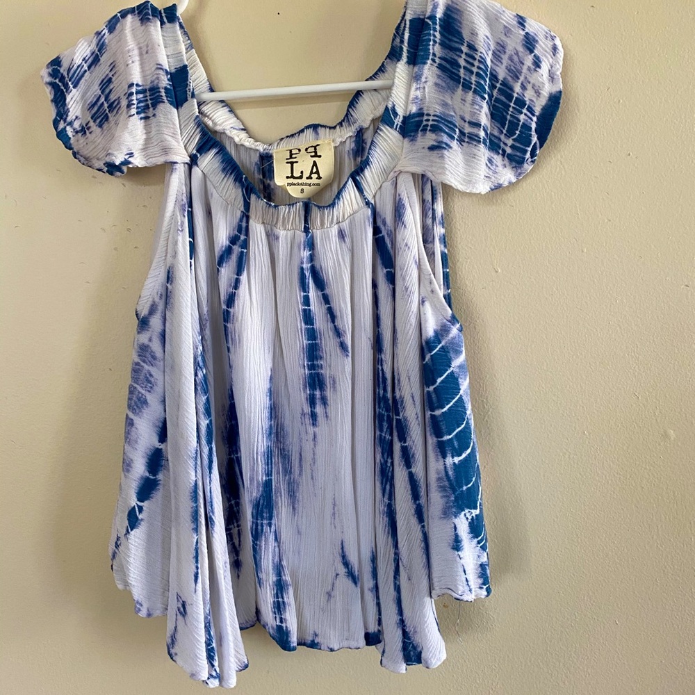 Blue and White Tie Dye Off the Shoulder Top